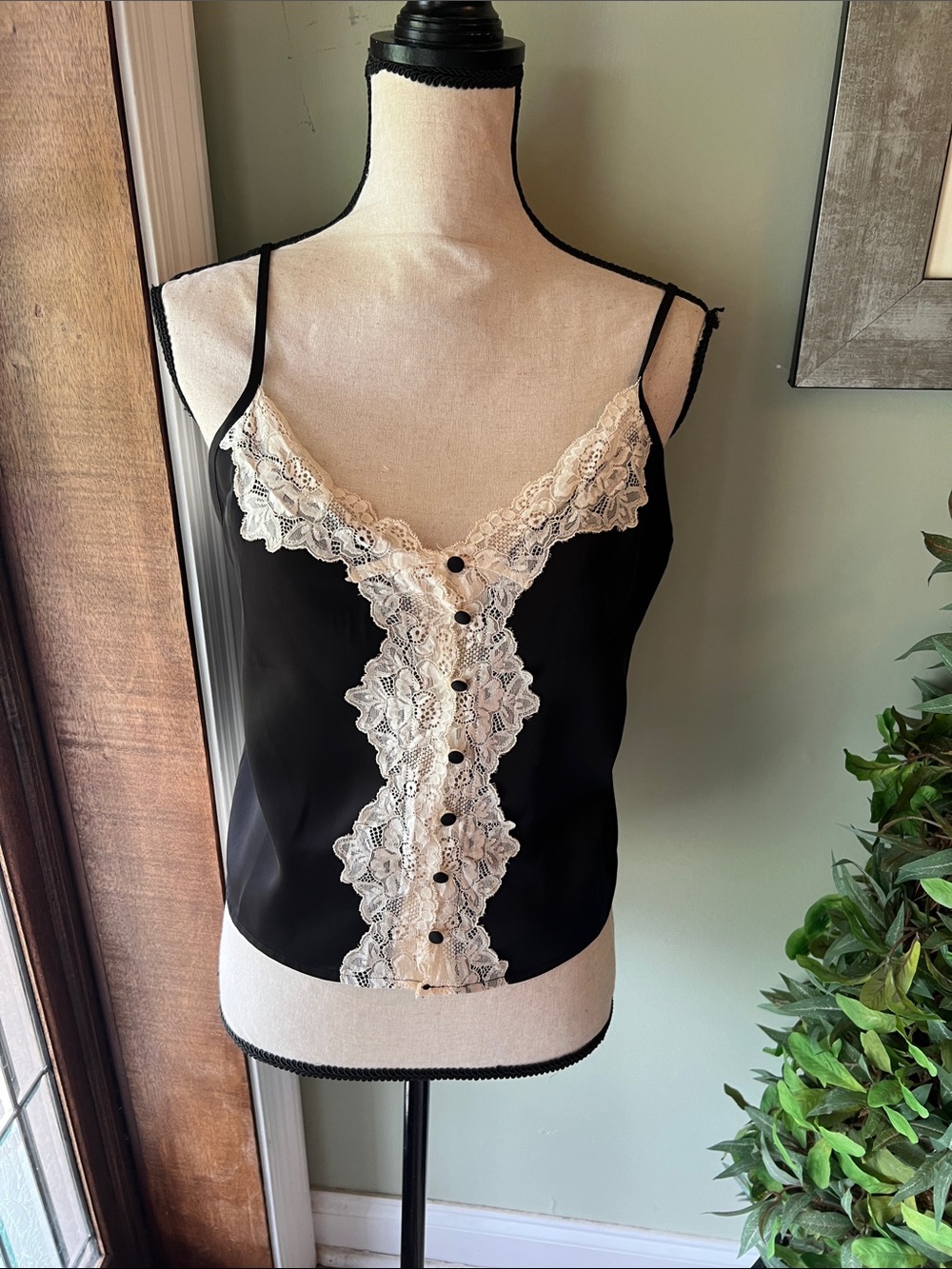 Black Satin Lace-Front Cami with Ivory Lace Trim